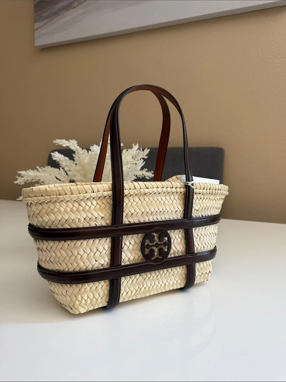 NWT , TORY BURCH ELLA STRAW SMALL BASKET SHOULDER BAG CLASSIC CUOIO